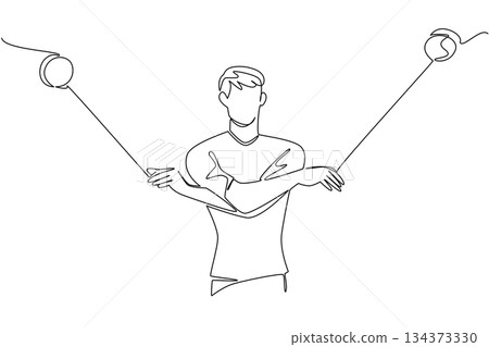 A continuous line drawing of a young man performing a yo-yo cross trick, symbolizing creativity and skill. This artistic business concept illustration highlights National Yo Yo Day celebration. 134373330