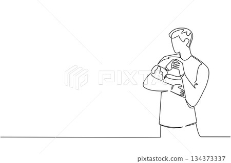 A continuous line drawing showing a young father feeding his baby with a bottle, celebrating Infant Feeding Day, symbolizing loving, caring, nurturing and parenting in a family health concept. 134373337