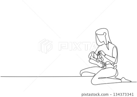 A single line drawing showing a mother sitting on the floor feeding her infant with a bottle, celebrating Infant Feeding Day, emphasizing motherhood, love, care, nurture, and a family health concept. A single line drawing showing a mother sitting on the floor feeding her infant with a bottle, celebrating Infant Feeding Day, emphasizing motherhood, love, care, nurture, and a family health concept. 134373341