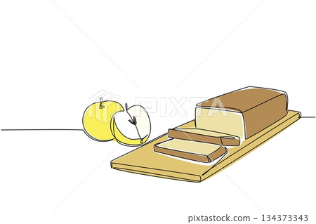 A continuous line draw of apples and a sliced applesauce cake loaf on a wooden board illustrates a food concept with simplicity, celebrating National Applesauce Cake Day in a unique minimalist design A continuous line draw of apples and a sliced applesauce cake loaf on a wooden board illustrates a food concept with simplicity, celebrating National Applesauce Cake Day in a unique minimalist design 134373343