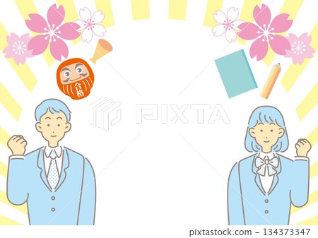 Vector illustration frame with cherry blossoms and passing daruma dolls, boys and girls in school uniforms, and copy space for exam and passing celebration Vector illustration frame with cherry blossoms and passing daruma dolls, boys and girls in school uniforms, and copy space for exam and passing celebration 134373347