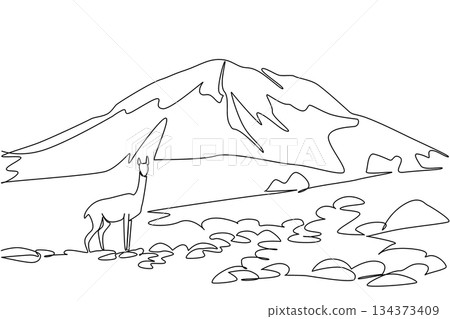 A continuous line drawing featuring a llama standing near Chimborazo mountain, symbolizing Ecuador rich culture and nature concept, created for Chimborazo Day celebration design. 134373409