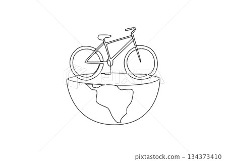 Clean single line drawing of a bicycle standing on a half globe, emphasizing cycling connection to the planet for World Bicycle Day in a sport, travel, and environment concept. Clean single line drawing of a bicycle standing on a half globe, emphasizing cycling connection to the planet for World Bicycle Day in a sport, travel, and environment concept. 134373410