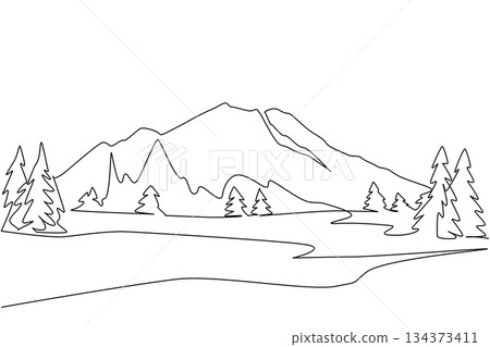 A continuous line drawing of Chimborazo mountain framed by pine trees, highlighting Ecuador Andes beauty with a nature concept for international Chimborazo Day celebration and cultural awareness. 134373411