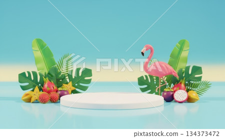 Podium with Flamingo, Tropical Leaves, and Exotic Fruits Podium with Flamingo, Tropical Leaves, and Exotic Fruits 134373472
