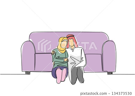 Single line drawing of an Arab couple sitting on floor leaning at sofa, with woman resting her head on man shoulder, symbolizing cultural comfort, intimacy, and togetherness. National Loving Day 134373530