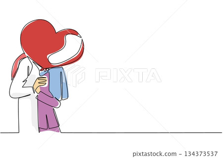 Single line drawing of an Arab couple kissing passionately, with man head covered by a large red heart balloon, symbolizing overwhelming love and emotional cultural connection. National Loving Day Single line drawing of an Arab couple kissing passionately, with man head covered by a large red heart balloon, symbolizing overwhelming love and emotional cultural connection. National Loving Day 134373537