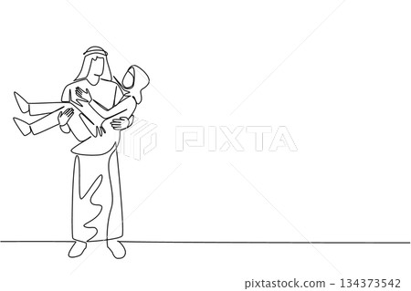 One line drawing shows an Arab man lovingly carrying his wife with his both hands, expressing deep affection and warmth between partners, love concept for National Loving Day. Gentle stare from wife One line drawing shows an Arab man lovingly carrying his wife with his both hands, expressing deep affection and warmth between partners, love concept for National Loving Day. Gentle stare from wife 134373542