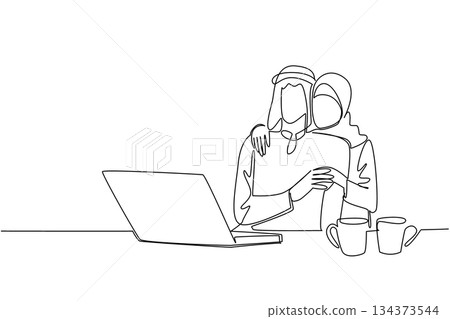 Continuous line drawing of a Muslim couple working together at a laptop, expressing unity, cooperation, and love for National Loving Day, emphasizing companionship and mutual support in a modern life 134373544