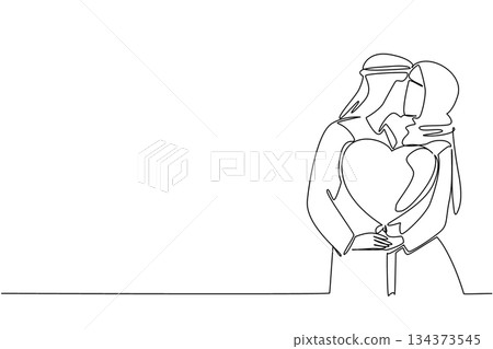 Single line drawing of Muslim couple holding a large heart shape balloon together. National Loving Day to represent shared love, harmony, and faith in a family relationship and emotional bond concept. 134373545