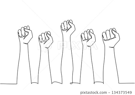 One line drawing of raised hands forming clenched fists, an international event concept for the Democracy Day, symbolizing civic voice, solidarity, freedom, participation in society. 134373549