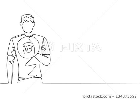 Single line drawing of a man with a vote badge over his chest, an international event concept for the International Day of Democracy, encouraging voter education, turnout, and accountability. Single line drawing of a man with a vote badge over his chest, an international event concept for the International Day of Democracy, encouraging voter education, turnout, and accountability. 134373552