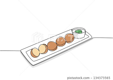 Continuous line drawing of falafel balls arranged in a row on rectangular ceramic plate with side of dipping sauce, garnished with herb leaf, showing elegant presentation. International Falafel Day Continuous line drawing of falafel balls arranged in a row on rectangular ceramic plate with side of dipping sauce, garnished with herb leaf, showing elegant presentation. International Falafel Day 134373565