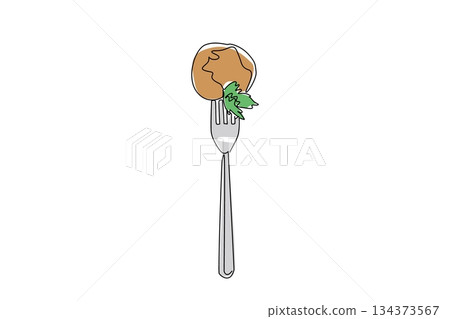 Continuous line drawing of falafel ball pierced by fork, garnished with sprig of parsley, symbolizing tasty bite and traditional Middle Eastern cuisine. International Falafel Day event prefect for ads 134373567