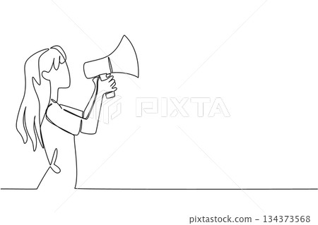 Continuous line draw of a woman speaking through a megaphone, an international event concept for the International Day of Democracy, boosting advocacy, civic voice, and community engagement worldwide 134373568