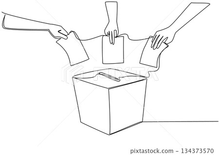 One line drawing of hands casting ballots into a box, an international event concept for the International Day of Democracy, highlighting free elections, fair voting, and transparent governance. One line drawing of hands casting ballots into a box, an international event concept for the International Day of Democracy, highlighting free elections, fair voting, and transparent governance. 134373570