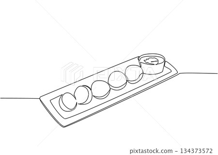 One line drawing of a long tray of falafel with tahini cup, an international event concept for International Falafel Day and, celebrating crunchy bites, pita wraps, and casual sharing 134373572