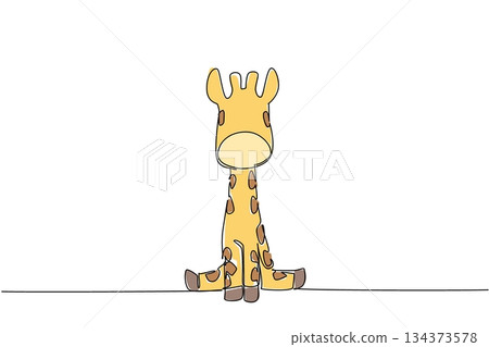 Continuous line drawing of cute baby giraffe sitting down, with distinct spots and small ossicones, symbolizing innocence, charm, and gentle nature of animal deal for children animal and zoo themes Continuous line drawing of cute baby giraffe sitting down, with distinct spots and small ossicones, symbolizing innocence, charm, and gentle nature of animal deal for children animal and zoo themes 134373578