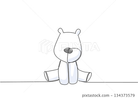 One line draw arctic animal concept featuring baby polar bear sitting. Perfect for winter, wildlife, or nursery animal decor, focusing on innocence, cold habitat adaptation and beauty of cold climate 134373579