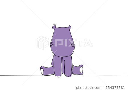 One line drawing safari animal concept, depicting a cute baby hippopotamus with small ears and a robust body sitting calmly. Suited for wild animal, zoo, children storybook, or river wildlife themes 134373581