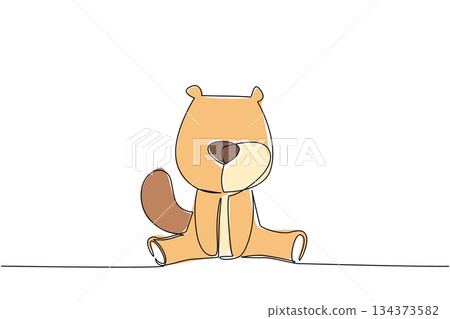 Continuous line drawing animal concept focusing on a cute baby beaver sitting. Ideal for river, woodland, kids themes, featuring large cheeks, flat tail and small teeth. Charm of wetland creatures 134373582