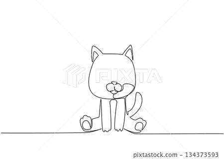 Single line drawing of a cute baby cat sitting with pointy ears and curled tail, a nature concept themed for cute wild animals cartoon sitting, ideal for nursery posters, stickers, and kids branding. 134373593