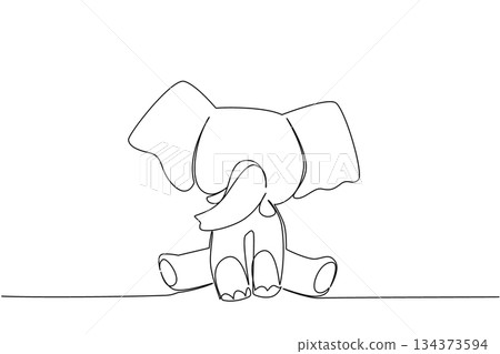 Single line drawing of a cute baby elephant sitting with large ears and curled trunk, a nature concept themed for cute wild animals cartoon sitting, ideal for nursery posters, stickers, kids branding. 134373594