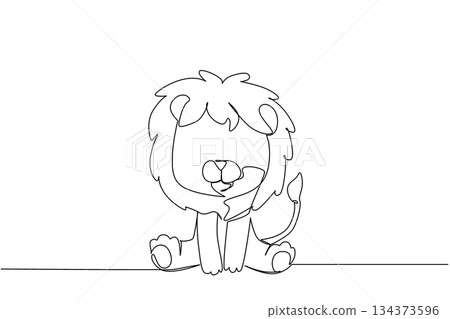 One line drawing of a cute lion cub sitting with fluffy mane and small paws, a wildlife concept themed for cute wild animals cartoon sitting, ideal for nursery prints, stickers, kids branding, decor. 134373596
