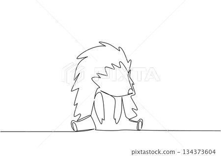 One line draw of a cute baby hedgehog sitting with soft spines, a nature concept themed for cute wild animals cartoon sitting, perfect for nursery prints, stickers, and sweet children classroom decor One line draw of a cute baby hedgehog sitting with soft spines, a nature concept themed for cute wild animals cartoon sitting, perfect for nursery prints, stickers, and sweet children classroom decor 134373604