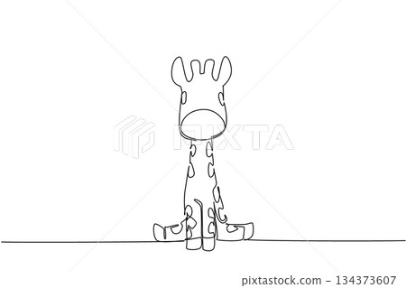 One line drawing of a gentle giraffe sitting with long neck, a nature concept themed for cute wild animals cartoon sitting, ideal for nursery decor, stickers, and playful kids room branding. One line drawing of a gentle giraffe sitting with long neck, a nature concept themed for cute wild animals cartoon sitting, ideal for nursery decor, stickers, and playful kids room branding. 134373607