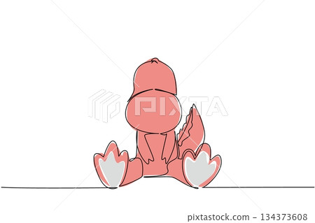 Continuous line drawing of cute baby dinosaur sitting down, with small scales. Ancient wonder and prehistoric charm for children books, preschool, dino themed parties, colorful nursery education 134373608