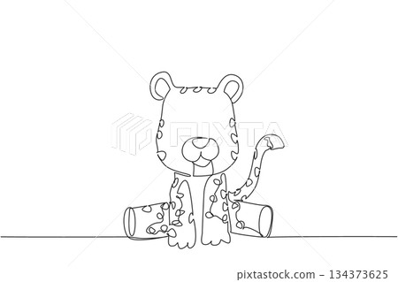 Single line draw of cute baby cheetah sitting with playful spots and curved tail, a wildlife concept for cute wild animals cartoon sitting, ideal for nursery posters, stickers, and cheerful kids brand Single line draw of cute baby cheetah sitting with playful spots and curved tail, a wildlife concept for cute wild animals cartoon sitting, ideal for nursery posters, stickers, and cheerful kids brand 134373625