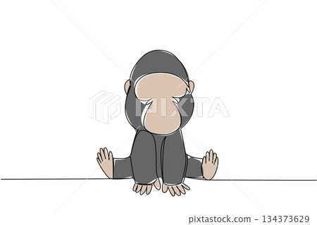 Single line drawing animal concept showing a young gorilla with big hands and feet sitting calmly. Perfect for jungle, wildlife, or conservation. Adorable primate exudes innocence and strength. 134373629