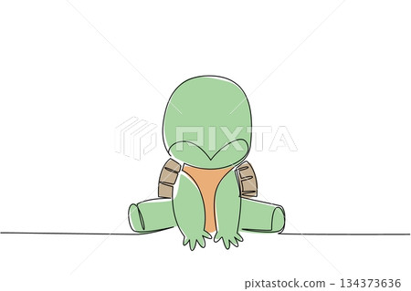 One line drawing animal concept of baby tortoise sitting. Turtle like cuteness, perfect for wildlife, zoo, or pet themes, illustrating calm energy, innocence in nature, longevity, and tranquility. One line drawing animal concept of baby tortoise sitting. Turtle like cuteness, perfect for wildlife, zoo, or pet themes, illustrating calm energy, innocence in nature, longevity, and tranquility. 134373636