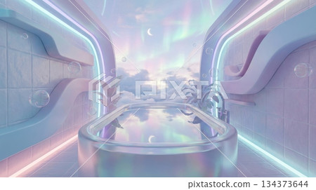 Bathroom with Reflective Bathtub and Sky Ceiling Bathroom with Reflective Bathtub and Sky Ceiling 134373644