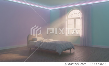 Empty Bedroom with Single Bed and Window Light Empty Bedroom with Single Bed and Window Light 134373655