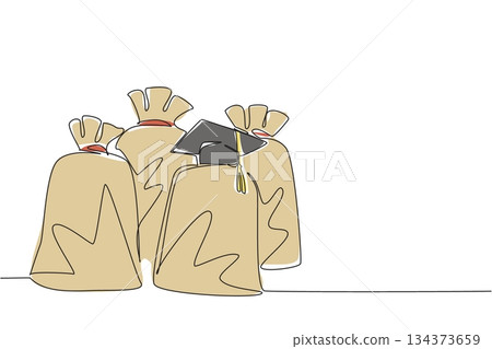 Single line draw of burlap money sack bag topped with a graduation cap, social concept for human rights. Symbolizing investment cost in school as an escape from poverty reduction and child protection Single line draw of burlap money sack bag topped with a graduation cap, social concept for human rights. Symbolizing investment cost in school as an escape from poverty reduction and child protection 134373659