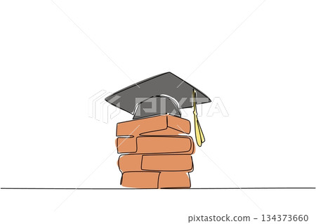 Single line drawing of a graduation cap placed on stack of bricks. Struggle for education amidst difficult circumstances or the foundation of knowledge. Symbolizing transition from labor to learning Single line drawing of a graduation cap placed on stack of bricks. Struggle for education amidst difficult circumstances or the foundation of knowledge. Symbolizing transition from labor to learning 134373660