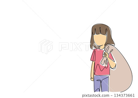 One line drawing of a young girl carrying a large, heavy sack over her shoulder, illustrating the unfair responsibilities forced upon child laborers. World Day Against Child Labor advocating education One line drawing of a young girl carrying a large, heavy sack over her shoulder, illustrating the unfair responsibilities forced upon child laborers. World Day Against Child Labor advocating education 134373661