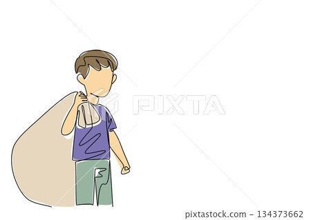 Continuous line drawing of boy holding heavy sack of bricks on shoulder, social concept for human rights. World Day Against Child Labor encouraging access to school and protection from exploitation. Continuous line drawing of boy holding heavy sack of bricks on shoulder, social concept for human rights. World Day Against Child Labor encouraging access to school and protection from exploitation. 134373662