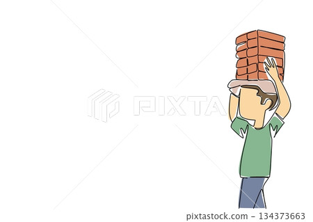 One line drawing of a boy carrying stack of bricks on his head, social concept for human rights. World Day Against Child Labor calling for schooling and the elimination of hazardous child work. One line drawing of a boy carrying stack of bricks on his head, social concept for human rights. World Day Against Child Labor calling for schooling and the elimination of hazardous child work. 134373663