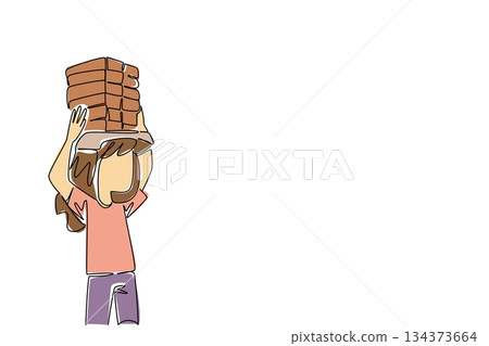 Single line drawing of girl carrying bricks on her head,. Social concept for human rights, themed for World Day Against Child Labor urging zero tolerance for child exploitation and prioritizing school 134373664