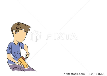 Continuous line drawing of young boy using a chisel to carve leather shoe. Social concept of World Day Against Child Labor exploitation advocating education, safety, and protection from exploitation Continuous line drawing of young boy using a chisel to carve leather shoe. Social concept of World Day Against Child Labor exploitation advocating education, safety, and protection from exploitation 134373668