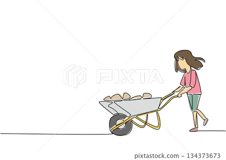 Single line drawing of girl pushing a heavy wheelbarrow with materials and rocks. Social concept of international event World Day Against Child Labor global protection initiative to get bright future 134373673