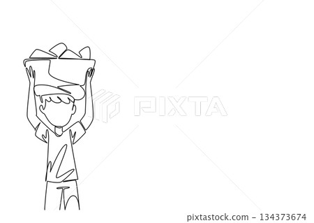 Continuous line drawing of a boy carrying stones in a basket bucket on his head, representing struggle, poverty, and awareness in a humanitarian campaign concept for World Day Against Child Labor. Continuous line drawing of a boy carrying stones in a basket bucket on his head, representing struggle, poverty, and awareness in a humanitarian campaign concept for World Day Against Child Labor. 134373674