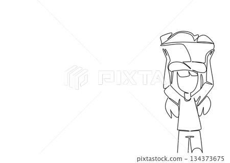 Single line draw of a girl balancing a basket of rocks on head, symbolizing struggle, endurance, and the global fight against exploitation in a human rights concept for World Day Against Child Labor Single line draw of a girl balancing a basket of rocks on head, symbolizing struggle, endurance, and the global fight against exploitation in a human rights concept for World Day Against Child Labor 134373675