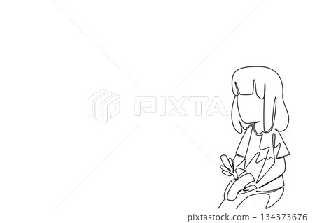 One line drawing of a girl using a tool to repair shoe, representing struggle, child labor, and the right to education in a humanitarian awareness concept for World Day Against Child Labor campaign. 134373676
