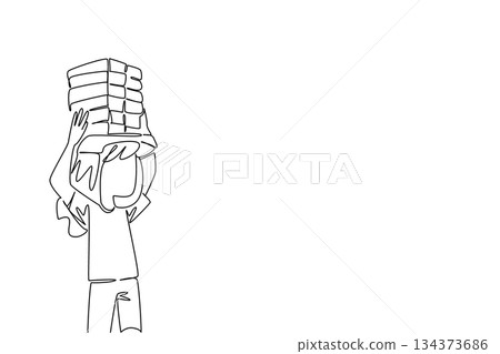 One line drawing of a girl carrying bricks stack on her head, representing under age labor and transformation from hardship in a humanitarian awareness concept for World Day Against Child Labor. One line drawing of a girl carrying bricks stack on her head, representing under age labor and transformation from hardship in a humanitarian awareness concept for World Day Against Child Labor. 134373686