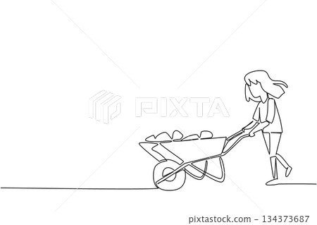 Continuous line drawing of a girl pushing a wheelbarrow filled with stones, representing struggle, labor, and strength in a humanitarian awareness concept for World Day Against Child Labor campaign. 134373687
