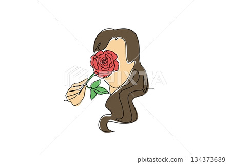 One line draw of woman holding a red rose to face, partially obscuring it. Hidden beauty, gentle affection, and a touch of allure. Ideal for National Red Rose Day posts of affection, grace, and charm One line draw of woman holding a red rose to face, partially obscuring it. Hidden beauty, gentle affection, and a touch of allure. Ideal for National Red Rose Day posts of affection, grace, and charm 134373689